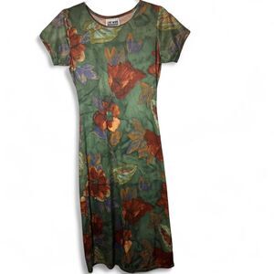 Vtg Live Wire Green Floral Short Sleeve Dress Size S